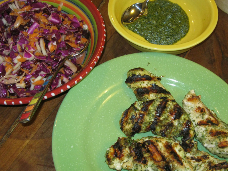 Thai green chicken with cabbage slaw and extra green sauce for dipping. BY RACHEL SWICK MAVITY